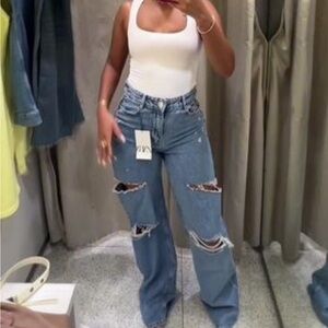 NWT Zara Z1975 Mid-Rise Cut Outs Ripped Denim Size 8 US/ 40EU 6164/100